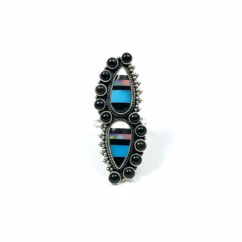 Southwestern Bold Aurora Opal & Onyx Sterling Silver Adjustable Cocktail Ring